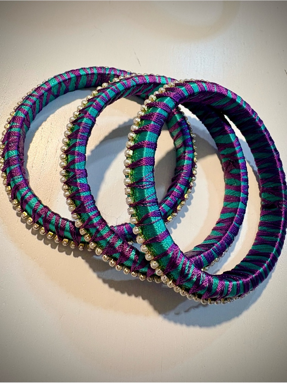 Purple & Teal Thread-Wrapped Bangles with Pearl Trim